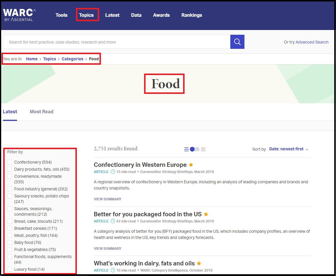 Click on WARC (World Advertising Research Center) then Select Topics Click on Categories Click on Food
