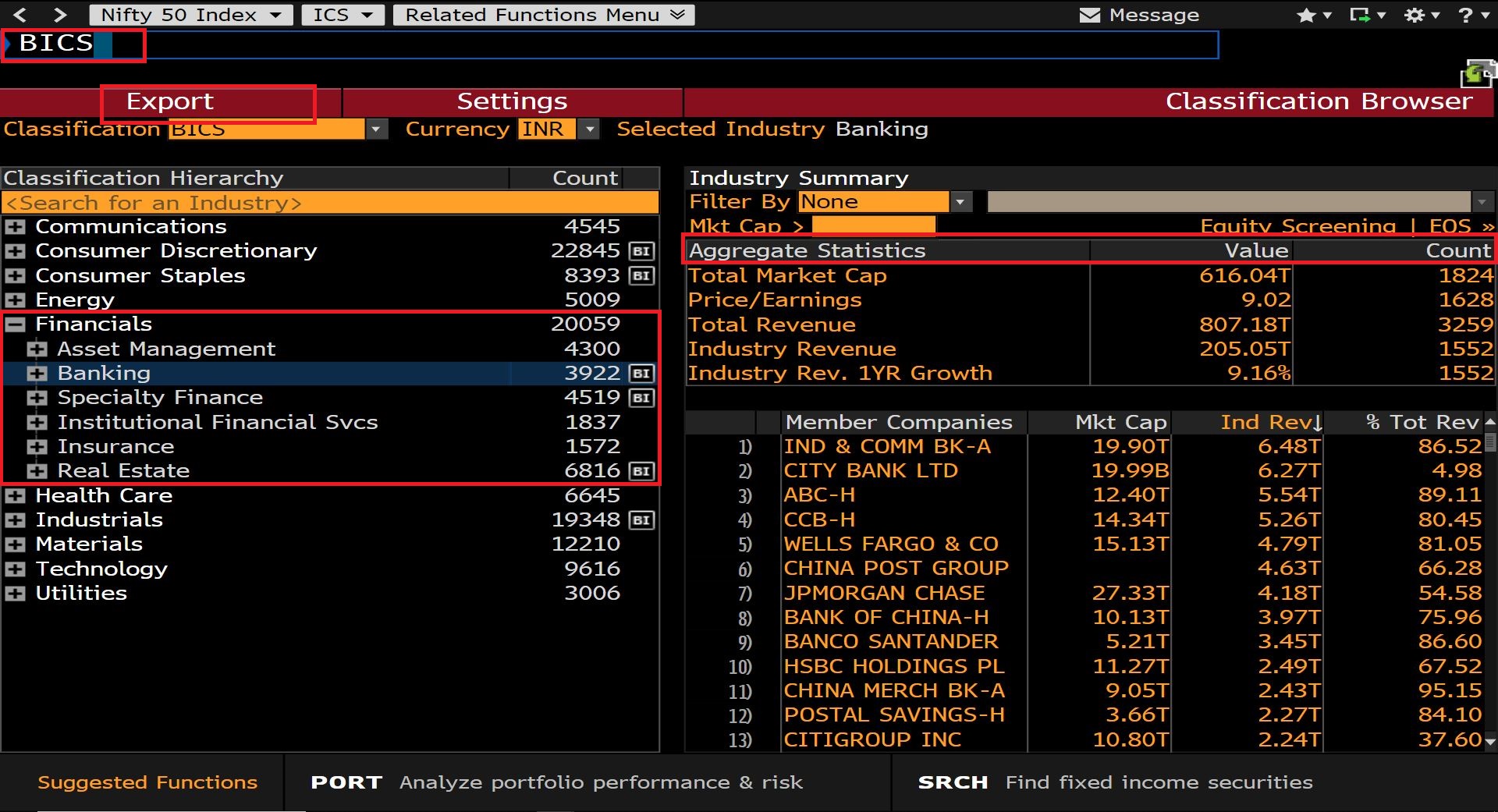 Login to Bloomberg (Available in Library) then Search for BICS and Select Financials and Select Required Industry