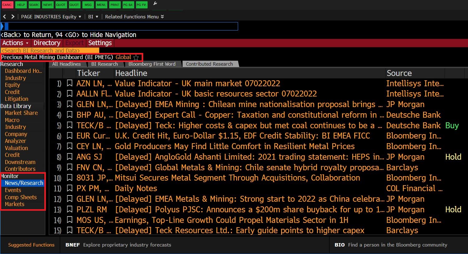 Login to Bloomberg (Available in Library) then Search for BI then Click on Industrials then Select Precious Metal Mining and Click on News and Research