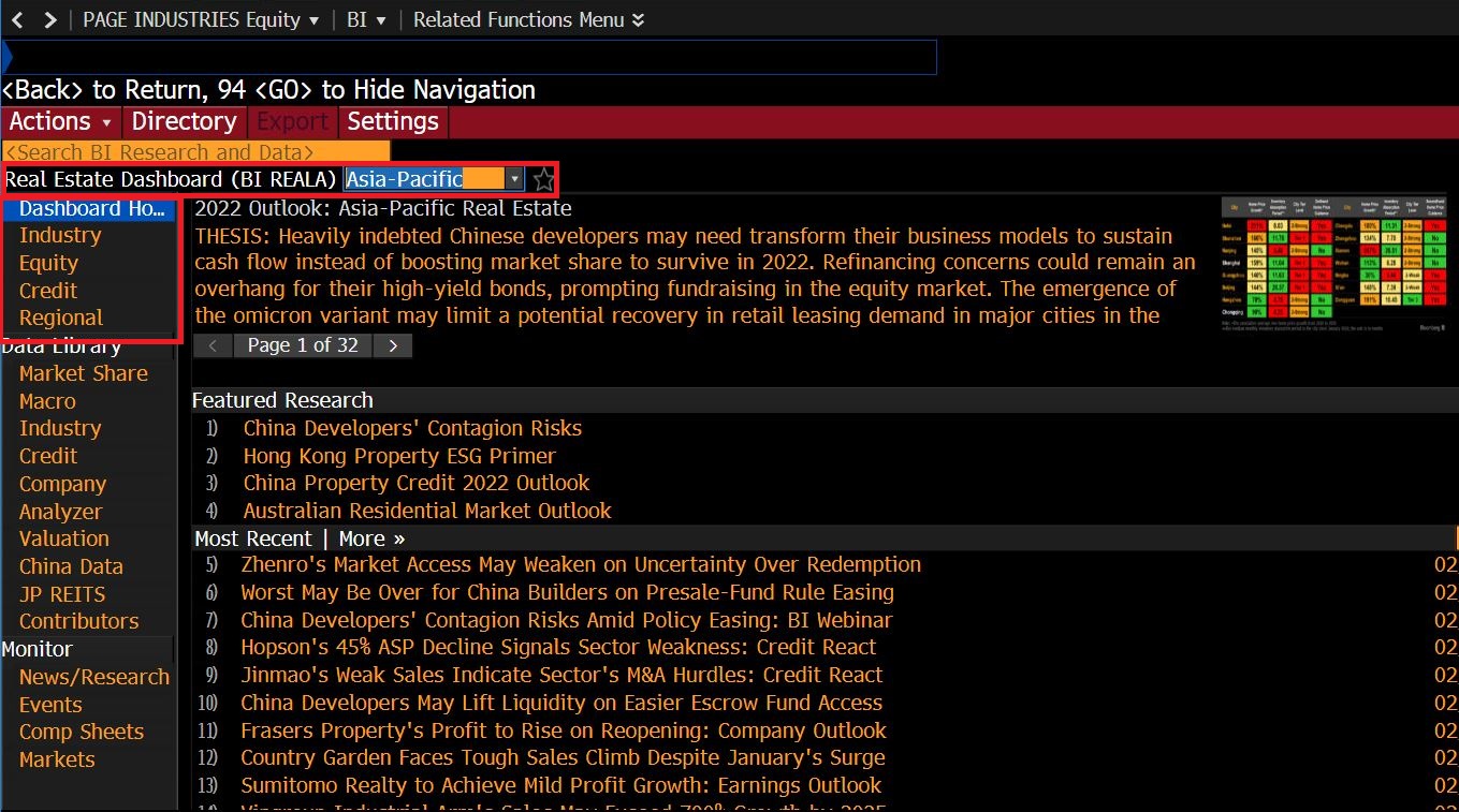 Login to Bloomberg (Available in Library) then Search for BI then Click on Industry then Select Real Estate/REIT and Click on Dashboard