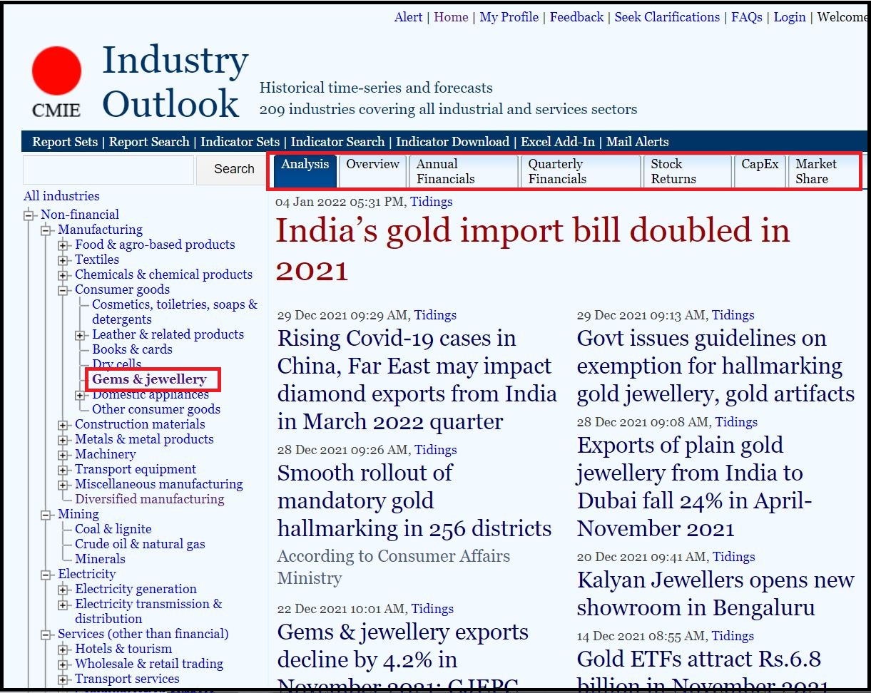 CMIE Industry Outlook then Click on Non-financial and Select Manufacturing and Select Consumer goods and Click on Gems & Jewellery