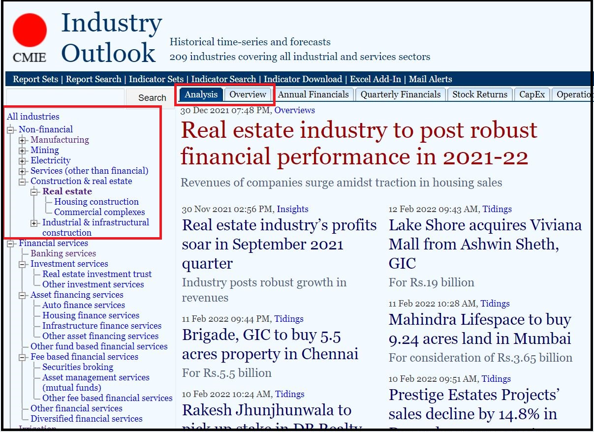 CMIE Industry Outlook then Click on Non-financial then Select Construction & real estate and Click on Real Estate