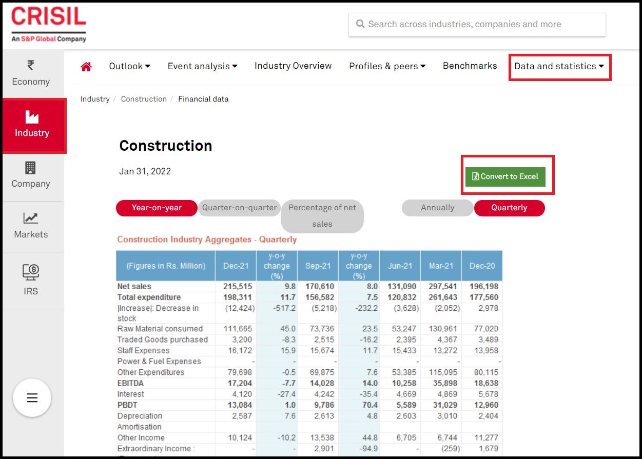 CRISIL Research then Click on Industry then Select Construction & Capital goods then Click Construction and Click on Data and Statistics