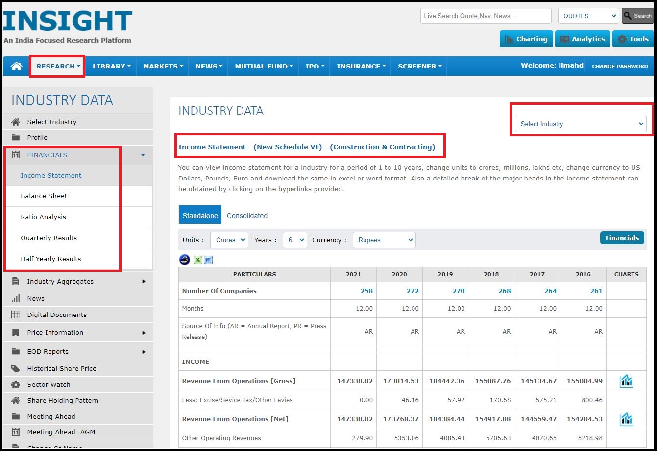 Dion INSIGHT then Click on Research then Industry Data then Click on Select Industry then Search Construction and Click on Financials