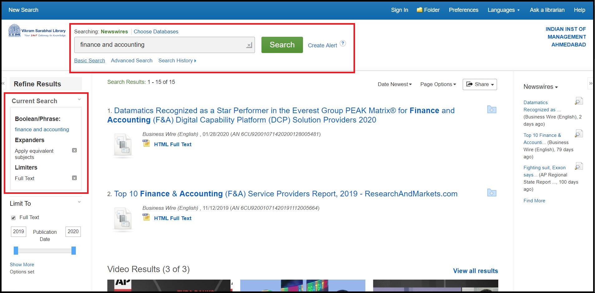 Open EBSCO Newswires then Search for Required Subjects and Click on Required Information