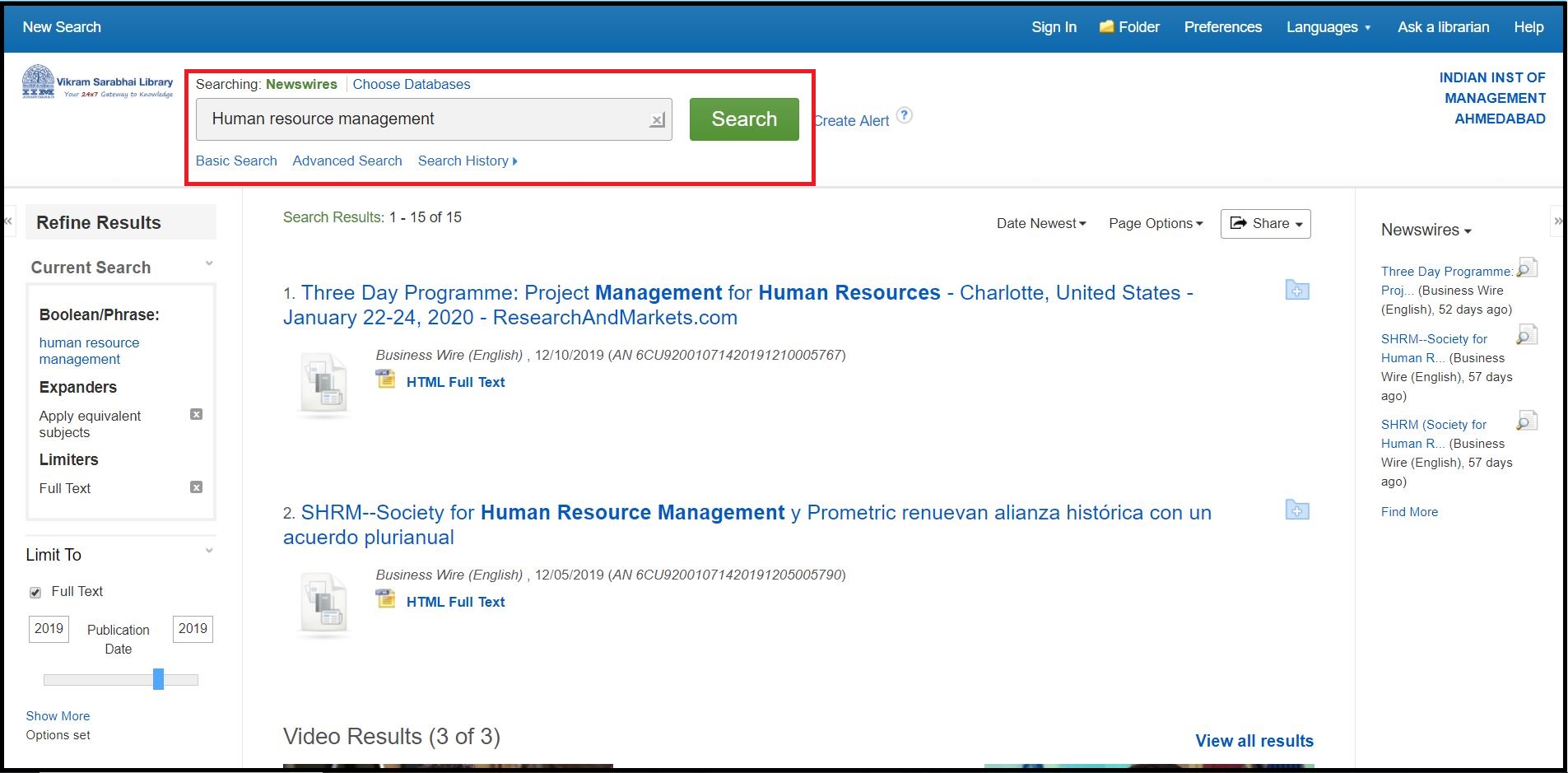 Open EBSCO Newswires then Search for Required Subjects and Click on Required Information