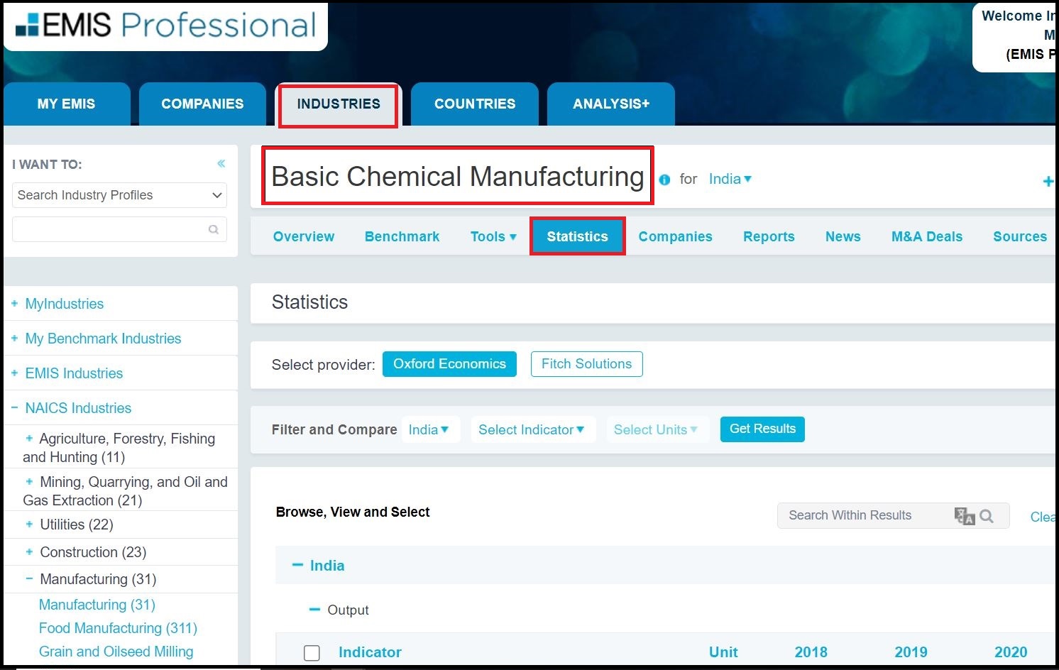 EMIS Intelligence (Professional) then Click on Industry Analysis and Click on Chemical and Select Statistics