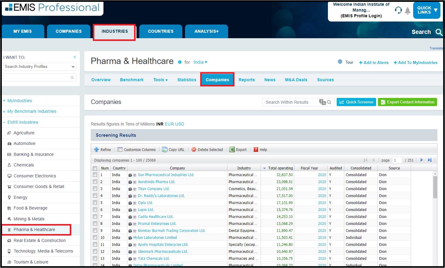 EMIS Intelligence (Professional) and Select Industry Analysis  then Click Pharma & Healthcare then Select Companies