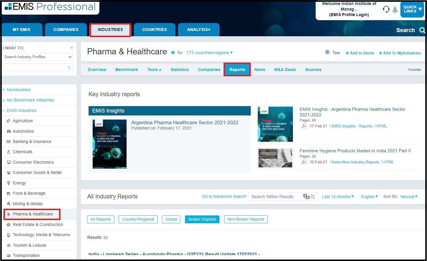 EMIS Intelligence (Professional) and Select Industry Analysis then Click on Pharma & Healthcare then Click on Report then Select Broker Reports