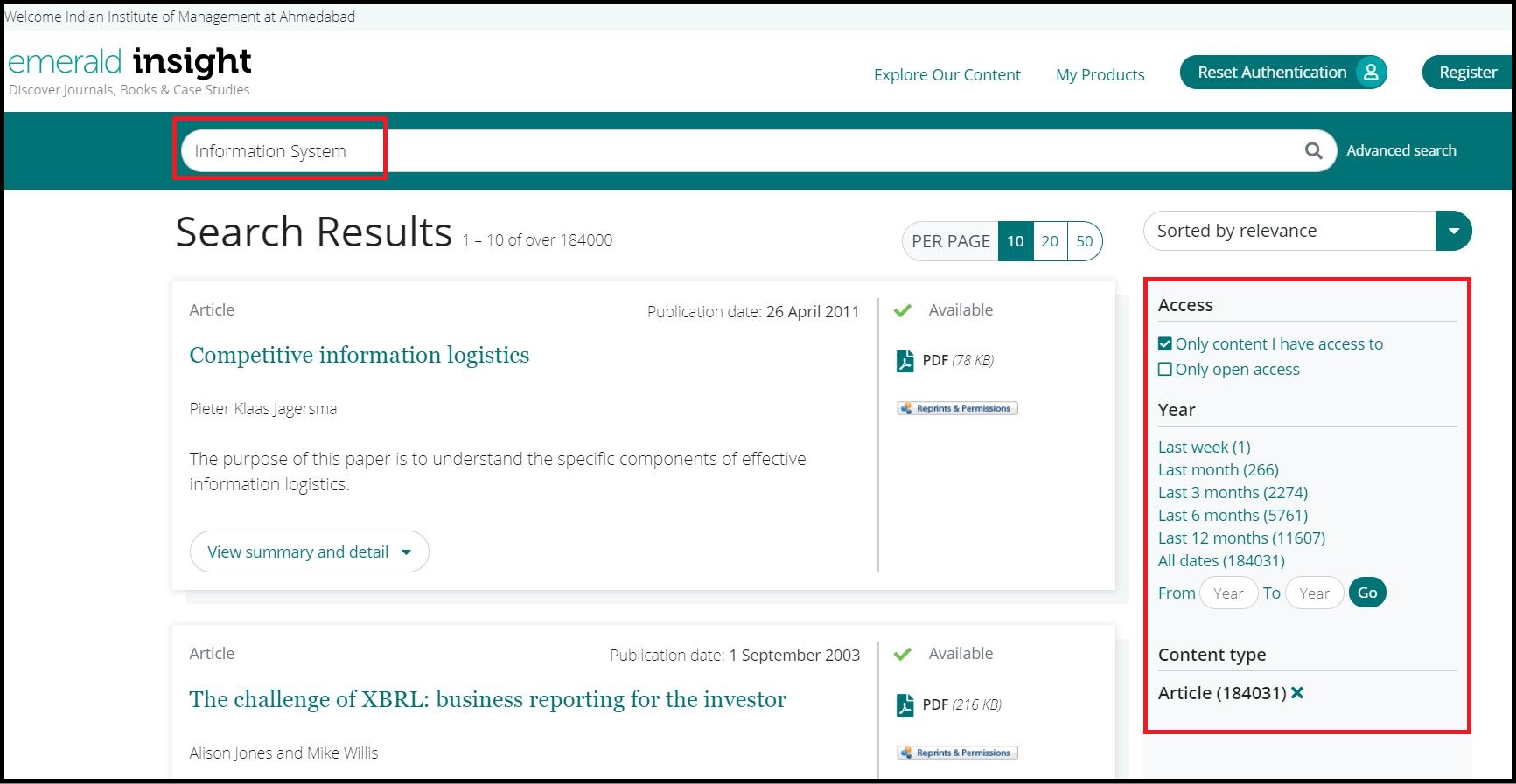Open Emerald Insight then Search for Required Subject and Click on Required Content type e.g. Article 