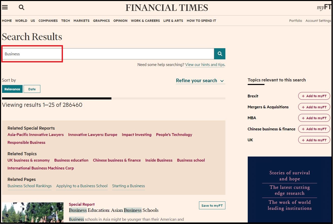 Open FinancialTimes.com then Search for Required Subject and Click on Required Information