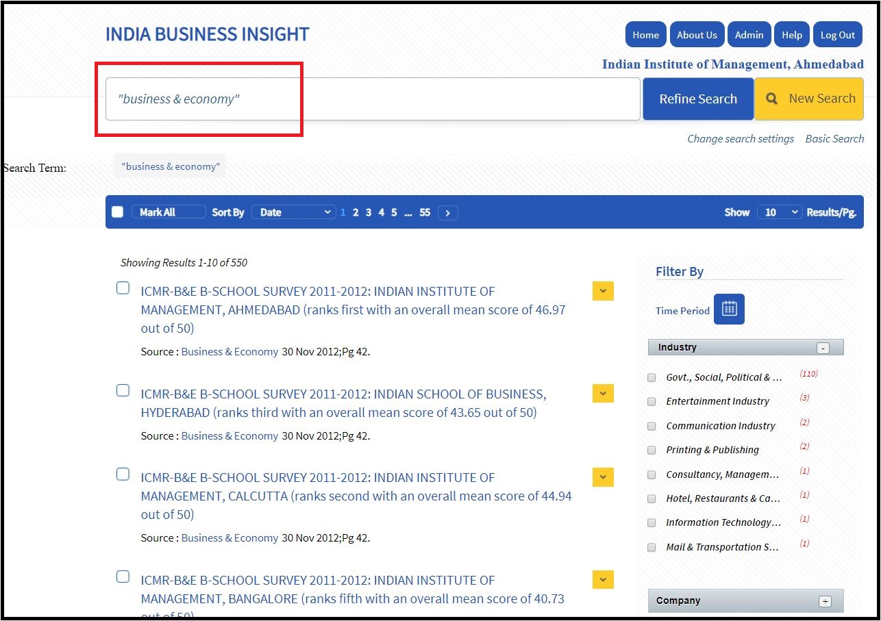 Open India Business Insight Database (IBID) then Search for Required Subjects and Click on Required Information