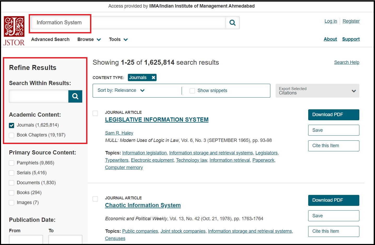 Open JSTOR then Search for Required Subject and Click on Required Academic Content e.g. Journals 