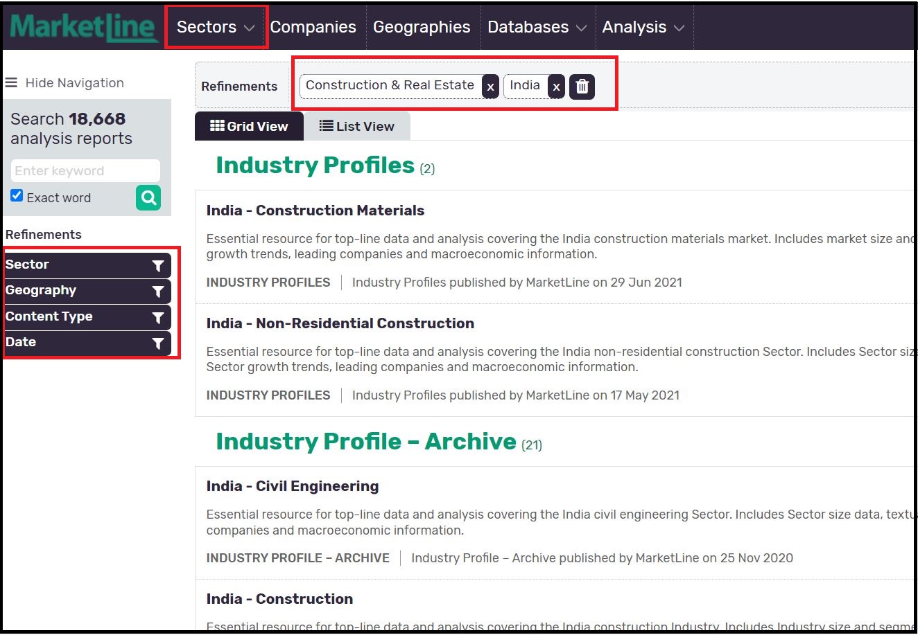MarketLine Advantage then Select Sector then Click on Construction & Real Estate and Select Required Geography & Content Type