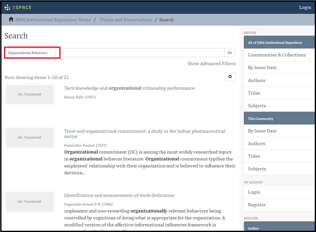 Open Institutional Repository then Click on Required Content type and Search for the required subject