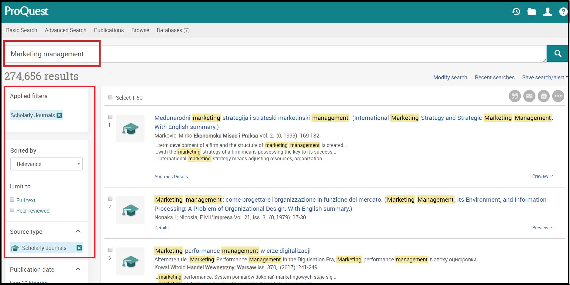 Open ProQuest ABI/INFORM (Dateline, Global, Trade & Industry) then Search for Required Subject and Click on Required Source Type e.g. Scholarly Journals