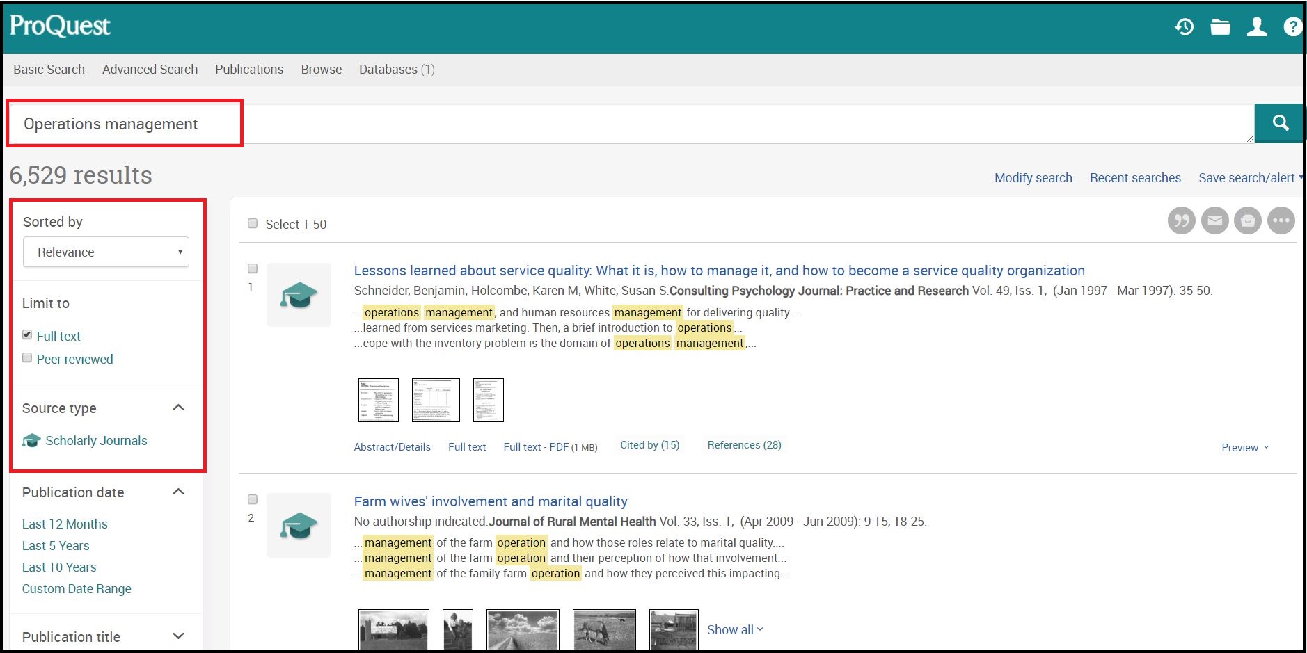 Open ProQuest ABI/INFORM (Dateline, Global, Trade & Industry) then Search for Required Subject and Click on Required Source Type e.g. Scholarly Journals