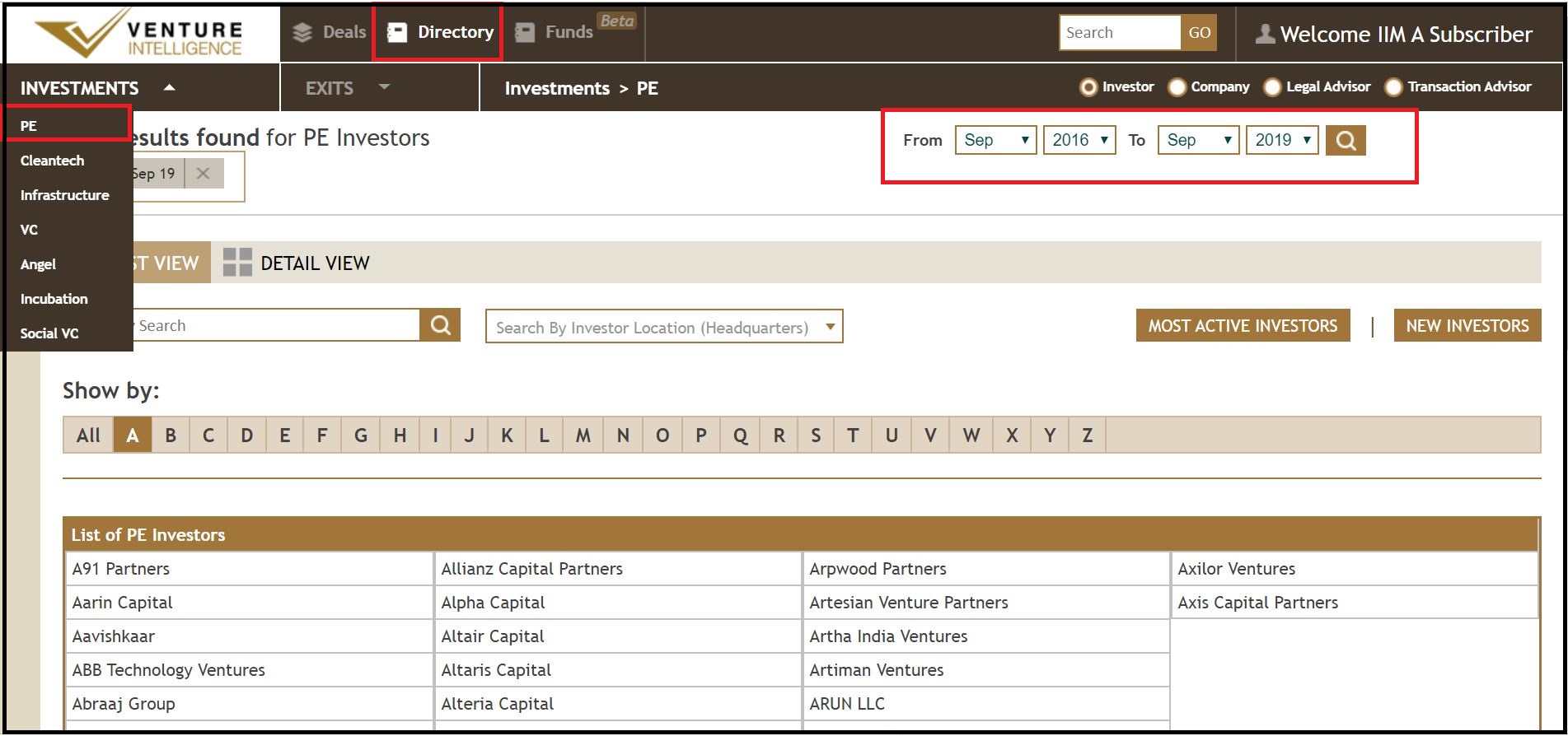 Open Venture Intelligence then Select Directory and it will Show by Investor and Select required Investments like PE