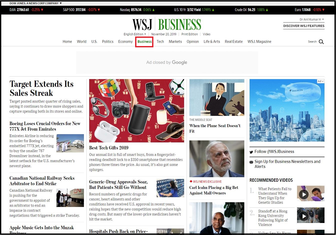 Open Wall Street Journal then Login with WSJ Credentials and Click on Business 