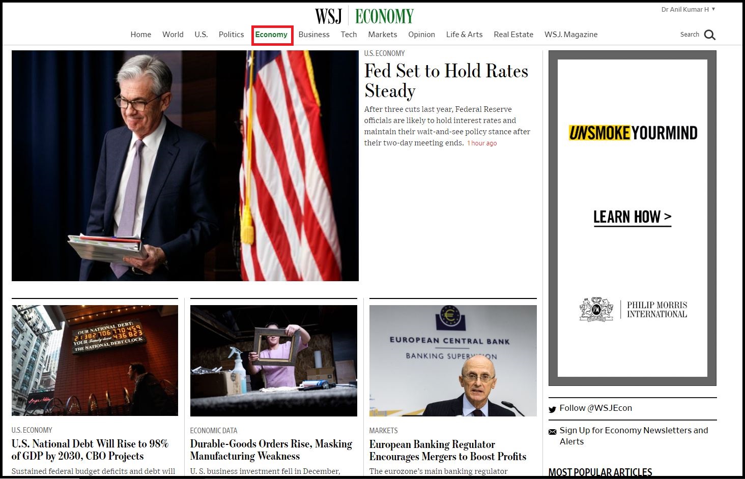 Open Wall Street Journal then Login with WSJ Credentials and Click on Economy 